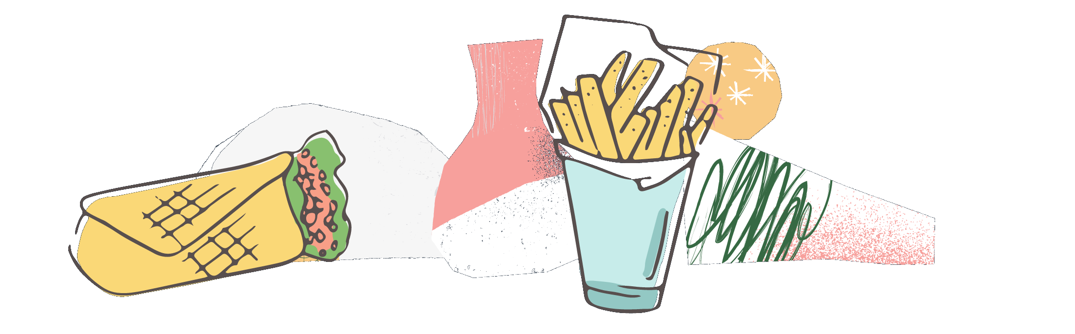 banner image of abstract shapes and food icons